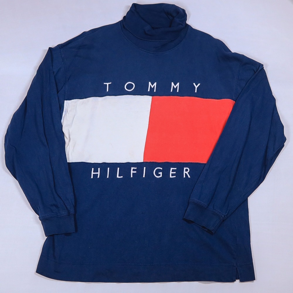 Tommy Hilfiger Turtleneck Shirt Men XL Blue Vintage 90s Big Flag Long Sleeve